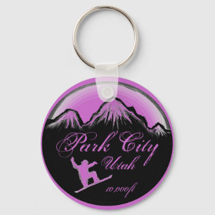 Park City Utah purple snowboard art keychain