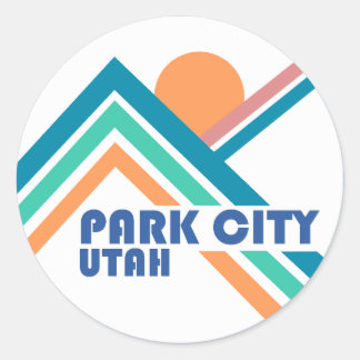 Park City, Utah Retro Line Mountains Blue Border Classic Round Sticker