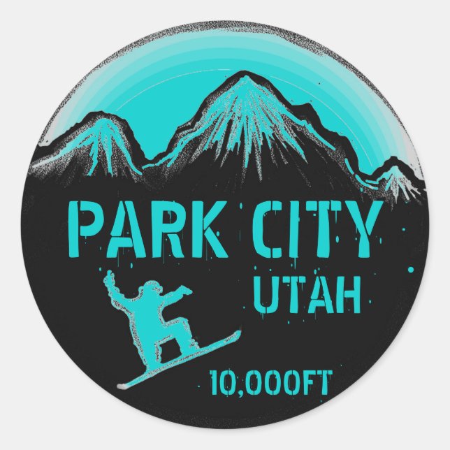 Park City Utah teal snowboard art stickers (Front)