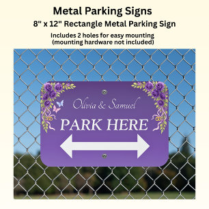 Park Here - Purple Mauve Flowers & White Wedding Metal Sign