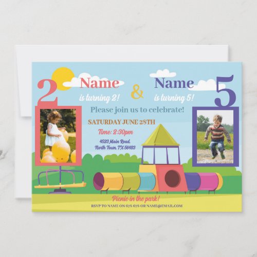 Park Kids Birthday Girls Boys Any Age Joint Photo  Invitation