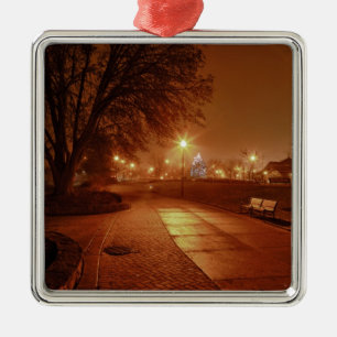 Park on a foggy night decorated for Christmas Metal Ornament