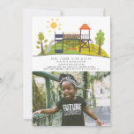 Park Playground Photo Kids Birthday Invitation<br><div class="desc">This cute and modern "run,  climb,  slide and play" kid's birthday photo invitation feature a slide,  swings,  and a bridge under the sun with trees. The reverse side features a light green background with tree patterns.  Personalize for your needs. You can find more matching products at my store.</div>
