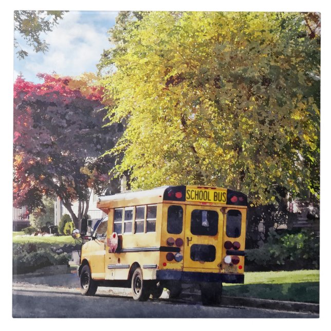 Parked School Bus In Autumn Tile (Front)