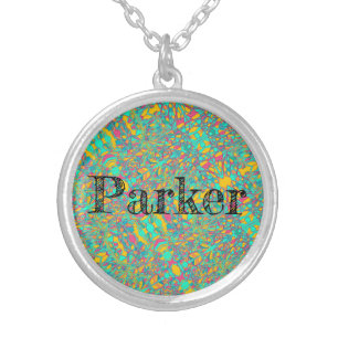 Parker girl name on abstract art green background silver plated necklace
