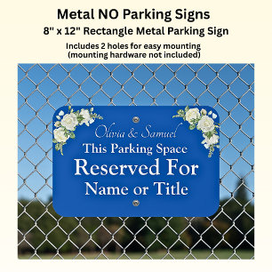 Parking Reserved For - Wedding Cobalt Blue White Metal Sign