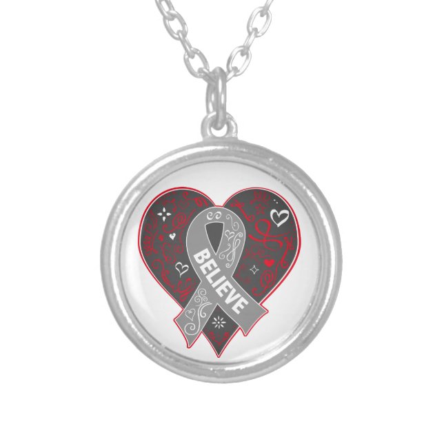 Parkinsons Disease Believe Ribbon Heart Silver Plated Necklace (Front)
