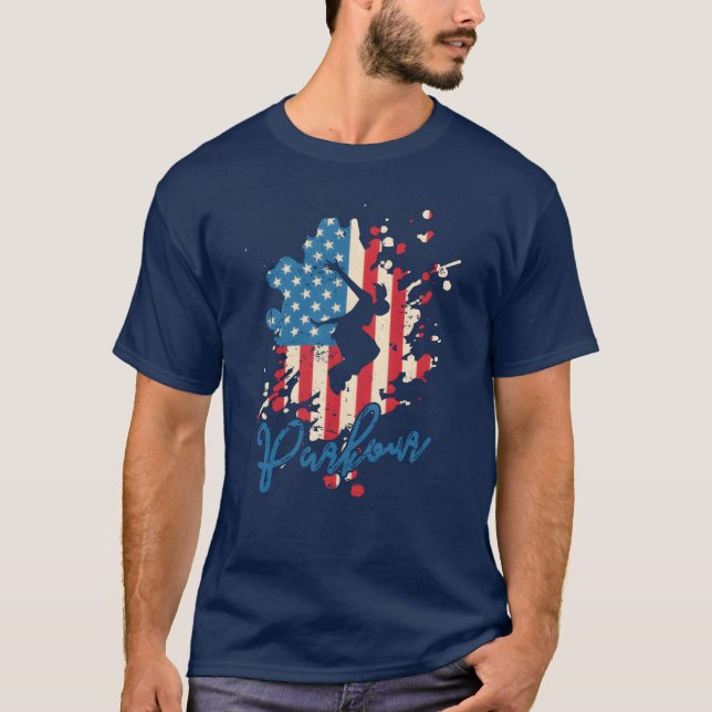 Parkour USA Flag Sportraining Fitness funny T-Shirt (Front)