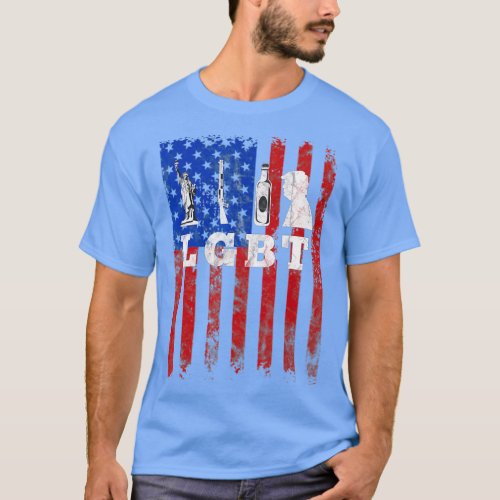 Parody LGB Funny Liberty Guns Beer American Flag  T_Shirt