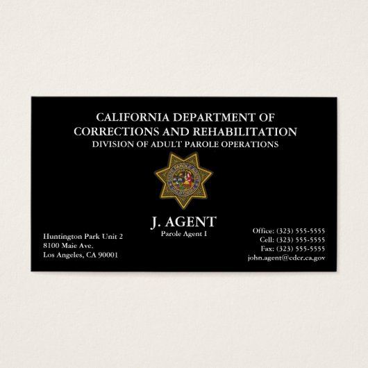 Parole Agent Business Card in Black (Front)
