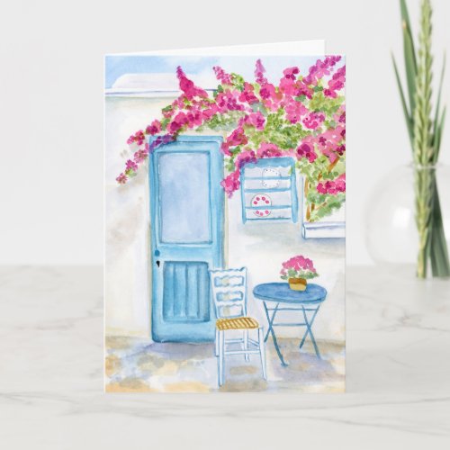 Paros Greece Blue Door & Bougainvillea Watercolor Card