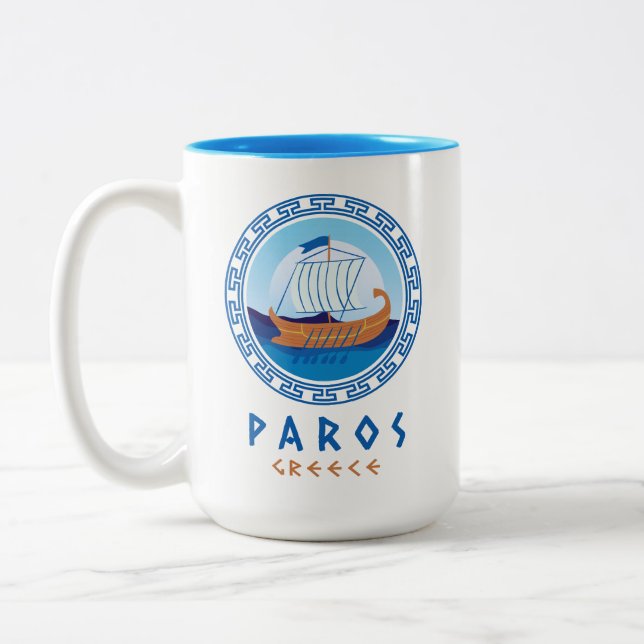 Paros, Greece Greek Ship Design Two-Tone Coffee Mug (Left)