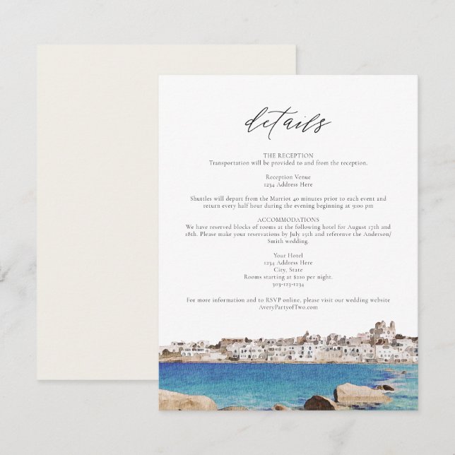 PAROS GREECE Skyline Travel Wedding Details Card (Front/Back)