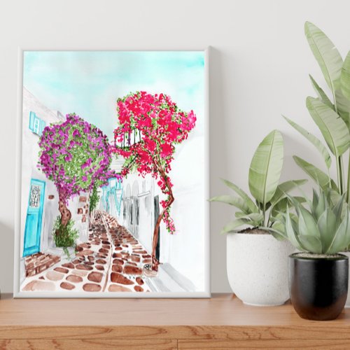 Paros Streets View with Bougainvillea Trees _ Char Poster