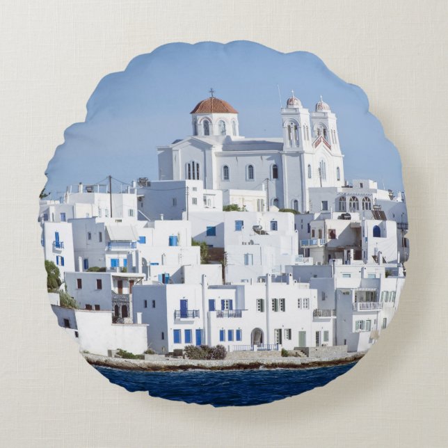 Paros Village Naoussa Island View Round Pillow (Front)