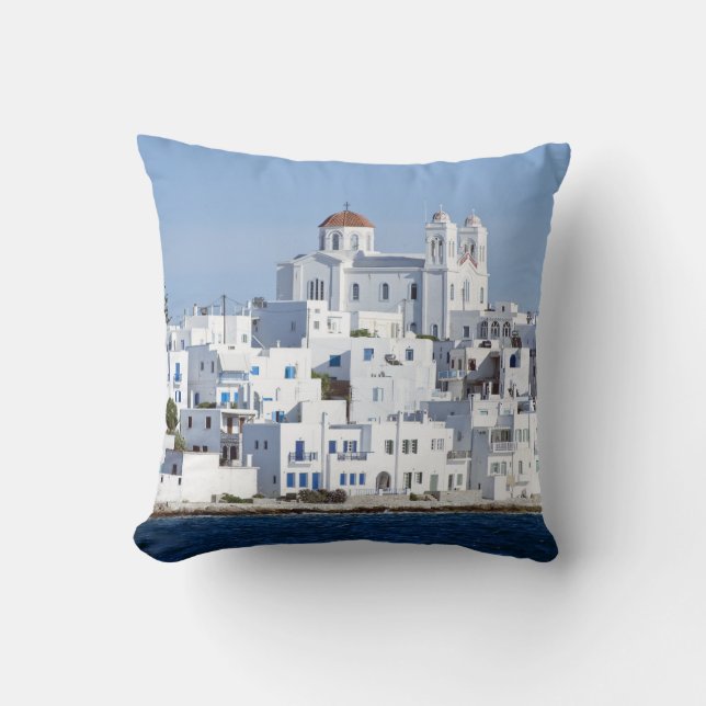 Paros Village Naoussa Island View Throw Pillow (Front)