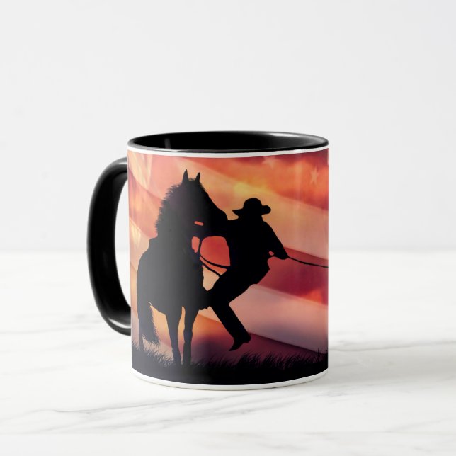 Parotic Roping Cowboy and Horse American Flag Mug (Front Left)