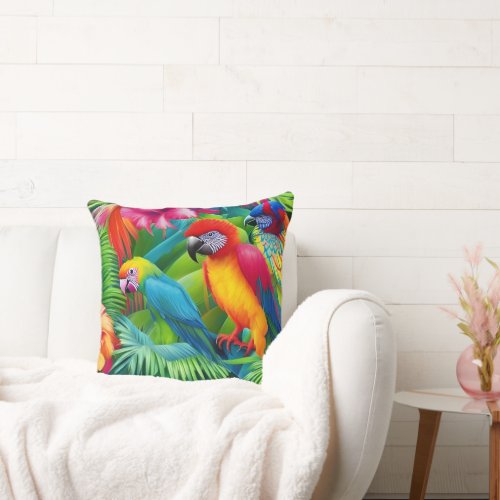 Parrot 3 Birds Tropical Floral palms blue green Throw Pillow