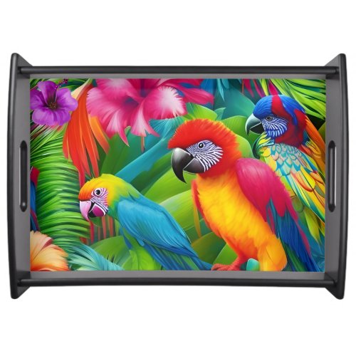 Parrot 3 Birds Tropical Floral palms blue purple A Serving Tray