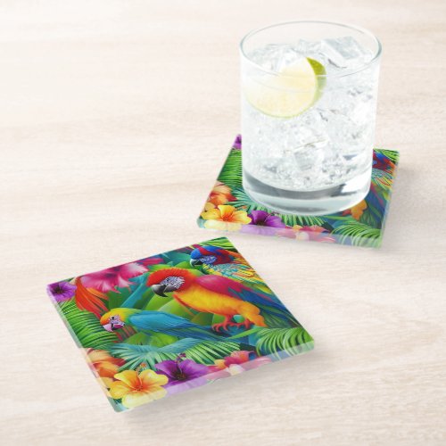 Parrot 3 Birds Tropical Floral palms blue purple Glass Coaster