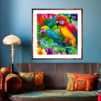 Parrot 3 Birds Tropical Floral palms blue purple Poster