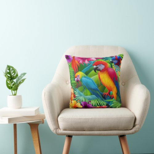 Parrot 3 Birds Tropical Floral palms blue purple  Throw Pillow