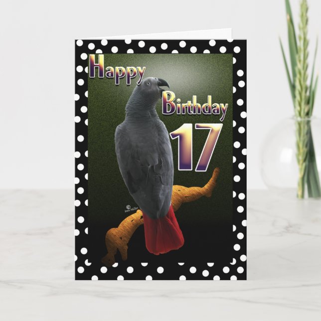 Parrot African Gray bird polka dot 17 Birthday Card (Front)