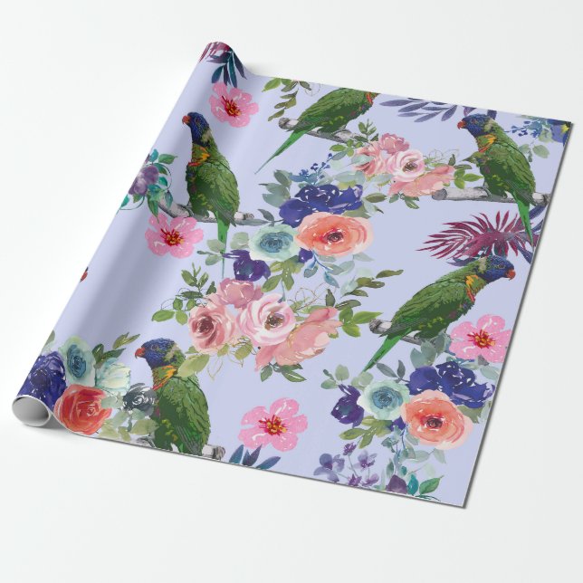 Parrot Among the Blooms Wrapping Paper (Unrolled)