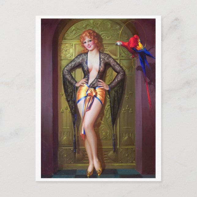 Parrot and Girl Behind Gold Door Pin Up Postcard (Front)