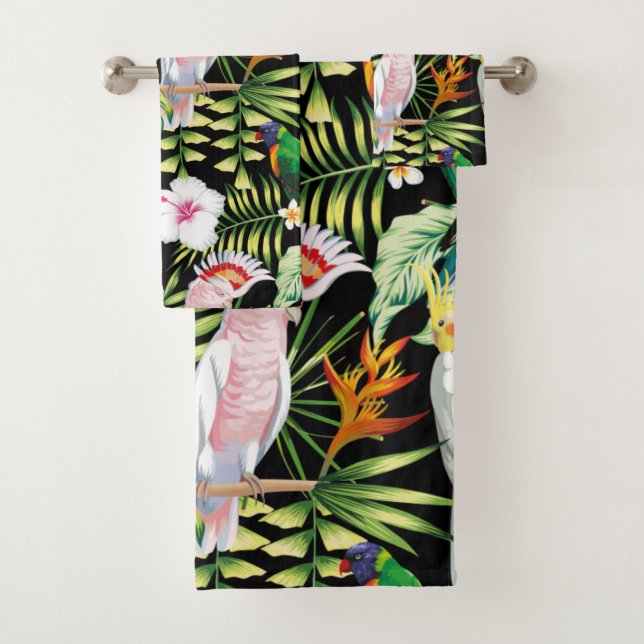 Parrot And Macaw with Tropical Plants Pattern Bath Towel Set (Insitu)