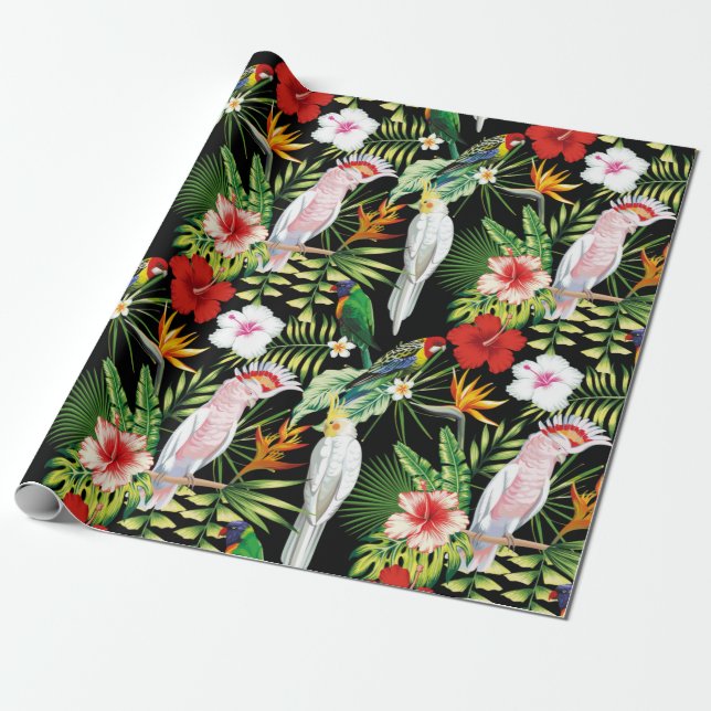 Parrot And Macaw with Tropical Plants Pattern Wrapping Paper (Unrolled)