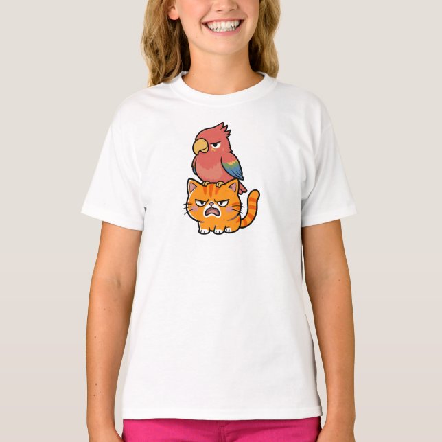 Parrot and Orange Cat T-Shirt (Front)