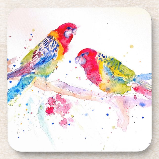 Parrot art Watercolour Painting Aqua Teal Beverage Coaster (Front)