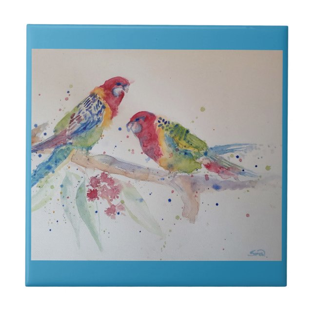 Parrot art Watercolour Painting Aqua Teal Ceramic Tile (Front)