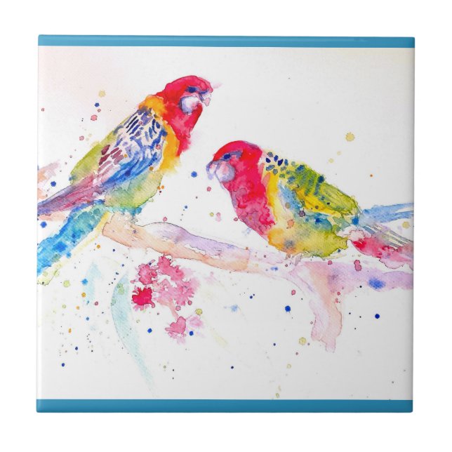 Parrot art Watercolour Painting Aqua Teal Ceramic Tile (Front)