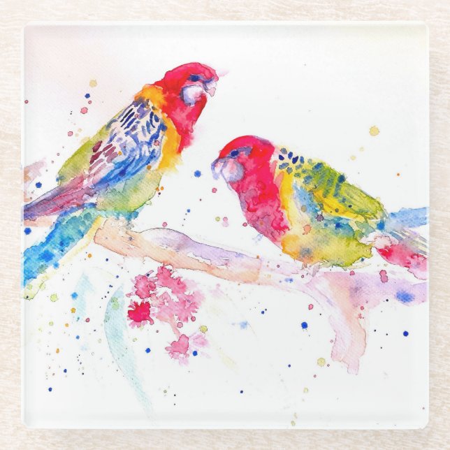 Parrot art Watercolour Painting Aqua Teal Glass Coaster (Front)
