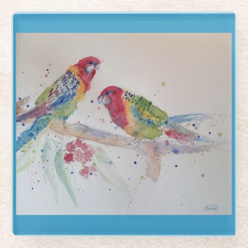 Parrot art Watercolour Painting Aqua Teal Glass Coaster