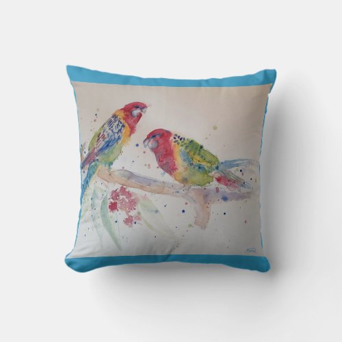 Parrot art Watercolour Painting Cushion Aqua Teal