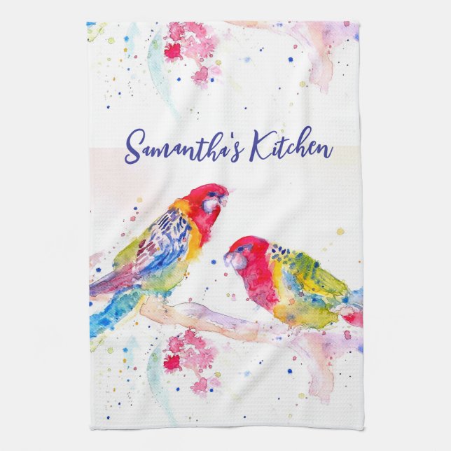 Parrot art Watercolour Painting Red Blue Colorful Kitchen Towel (Vertical)