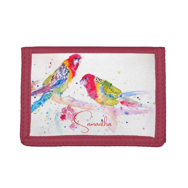 Parrot art Watercolour Painting Red Blue Colorful Trifold Wallet (Front)