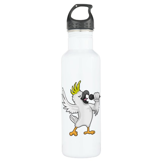 Parrot as Singer with Microphone Stainless Steel Water Bottle (Front)