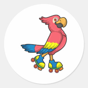 Parrot as Skater with Roller skates Classic Round Sticker