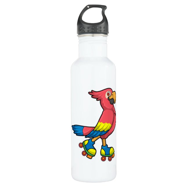 Parrot as Skater with Roller skates Stainless Steel Water Bottle (Front)
