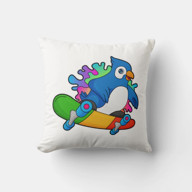 Parrot as Skater with Skateboard Throw Pillow (Front)