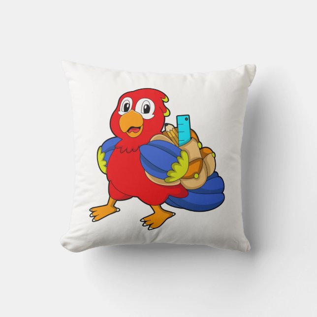 Parrot as Student with Backpack Throw Pillow (Front)