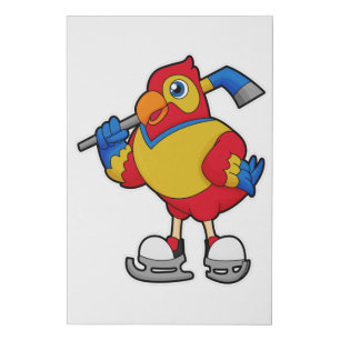 Parrot at Ice hockey with Ice hockey stick Faux Canvas Print