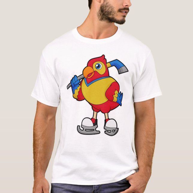 Parrot at Ice hockey with Ice hockey stick T-Shirt (Front)