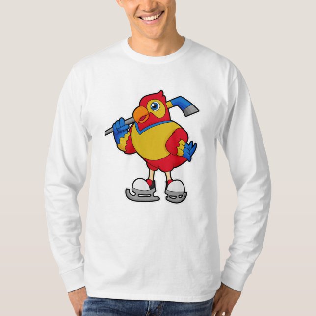 Parrot at Ice hockey with Ice hockey stick T-Shirt (Front)