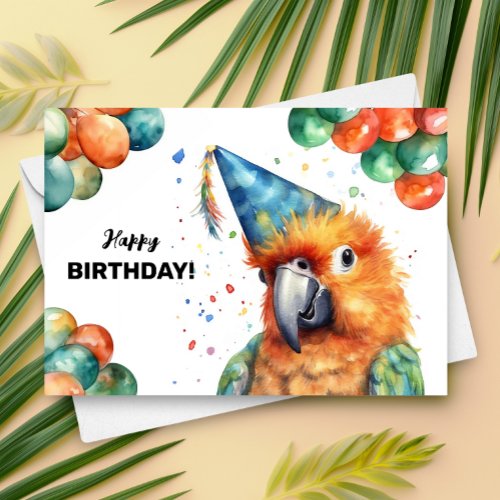 Parrot Balloons and Party Hat Macaw Bird Birthday Card