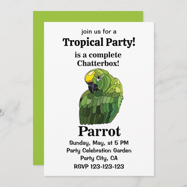 Parrot Bird Chatterbox Funny Tropical Party Invitation (Front/Back)